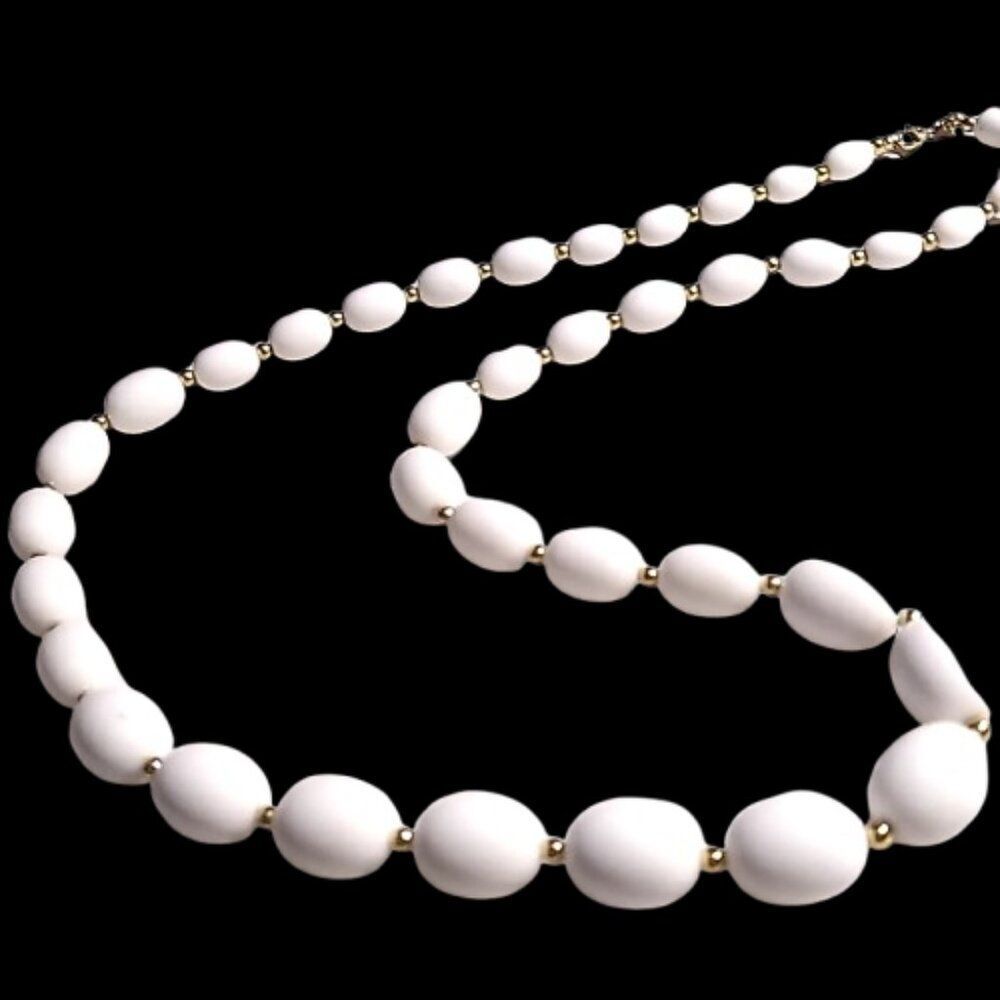 Monet Vintage Single Strand White Lucite Beaded Gold-Tone Spacer Necklace